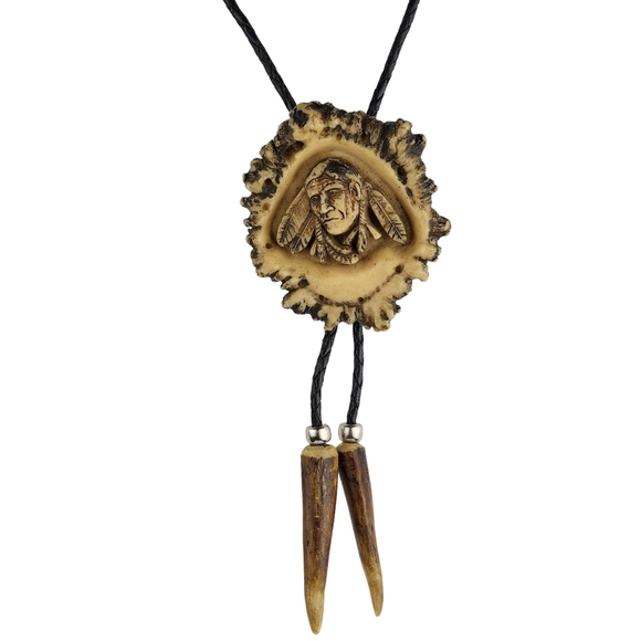 Signed Vintage Native American Navajo Bolo Tie Curved Indian Chief 20